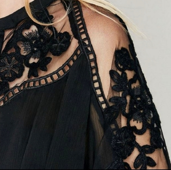 NEW Boho Embroidered Lace Sheer Bishop Sleeve Peasant Blouse Top Black - Picture 4 of 12